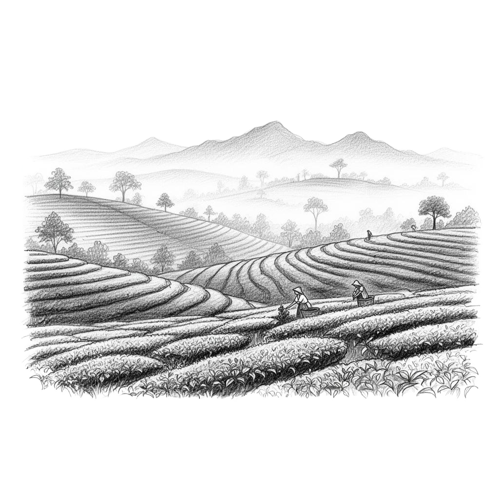 Pencil illustration of rolling Bangladeshi tea plantation hills