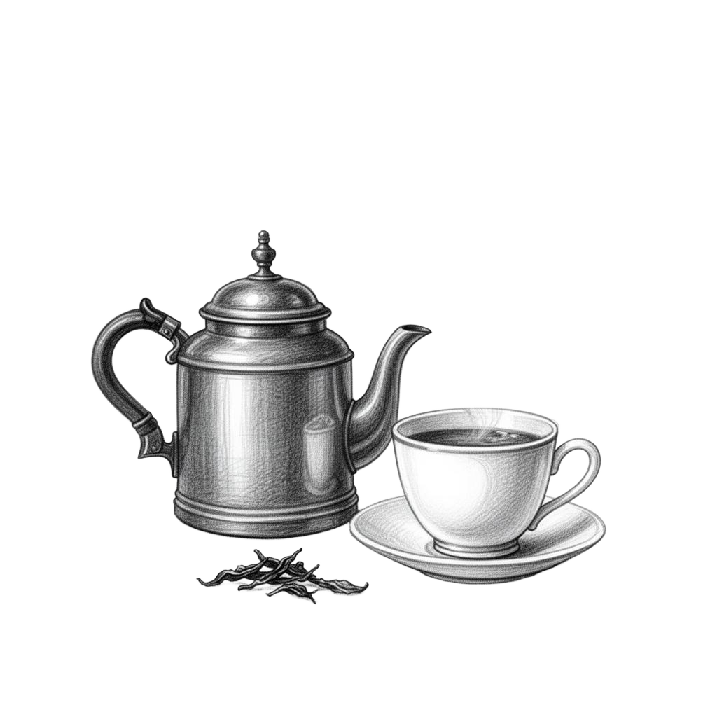 Pencil illustration of a traditional tea kettle and porcelain cup with steam