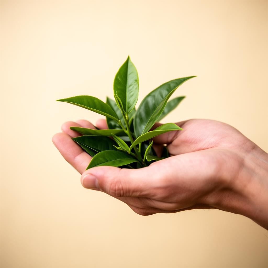 Hand holding fresh tea leaves